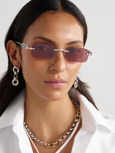 Gucci Eyewear Lettering Rimless Rectangle-frame Crystal-embellished Silver-tone Sunglasses | Thumbnail 2 Gucci Eyewear Lettering Rimless Rectangle-frame Crystal-embellished Silver-tone Sunglasses | Thumbnail 2