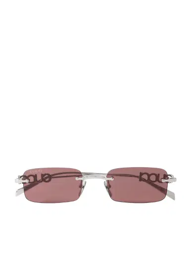 Gucci Eyewear Lettering Rimless Rectangle-frame Crystal-embellished Silver-tone Sunglasses | Thumbnail 1 Gucci Eyewear Lettering Rimless Rectangle-frame Crystal-embellished Silver-tone Sunglasses | Thumbnail 1