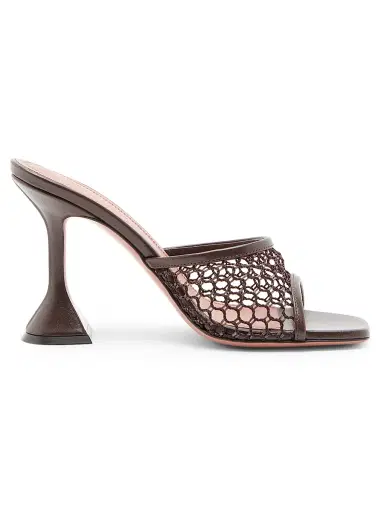 Amina Muaddi Women's Lupita 95MM Mesh & Leather Mules - Net Raffia Mocha | Thumbnail 1 Amina Muaddi Women's Lupita 95MM Mesh & Leather Mules - Net Raffia Mocha | Thumbnail 1