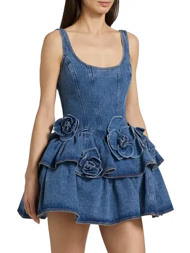 Aknvas Women's Devyn Saxe Tiered Rosette-Detailed Denim Minidress - Saxe Blue - Size 2 | Thumbnail 4 Aknvas Women's Devyn Saxe Tiered Rosette-Detailed Denim Minidress - Saxe Blue - Size 2 | Thumbnail 4