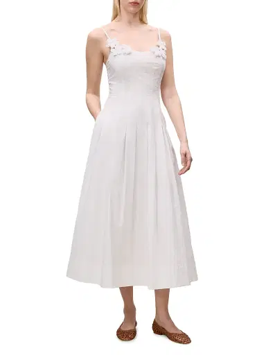 Rebecca Taylor Women's Priya Pleated Cotton Fit & Flare Midi-Dress - Milk | Thumbnail 3 Rebecca Taylor Women's Priya Pleated Cotton Fit & Flare Midi-Dress - Milk | Thumbnail 3