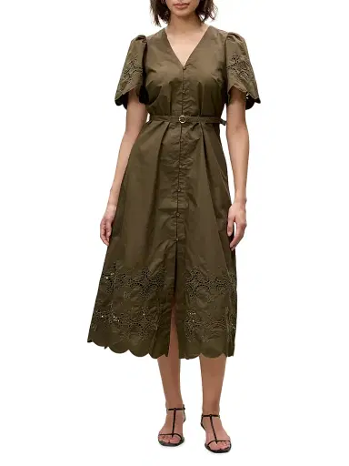 Rebecca Taylor Women's Raquel Embroidered Cotton Midi-Shirtdress - Olive | Thumbnail 2 Rebecca Taylor Women's Raquel Embroidered Cotton Midi-Shirtdress - Olive | Thumbnail 2