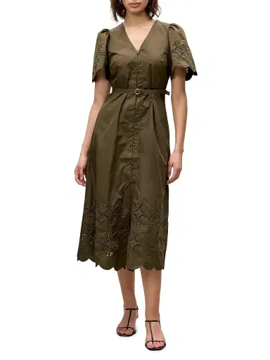 Rebecca Taylor Women's Raquel Embroidered Cotton Midi-Shirtdress - Olive | Thumbnail 3 Rebecca Taylor Women's Raquel Embroidered Cotton Midi-Shirtdress - Olive | Thumbnail 3
