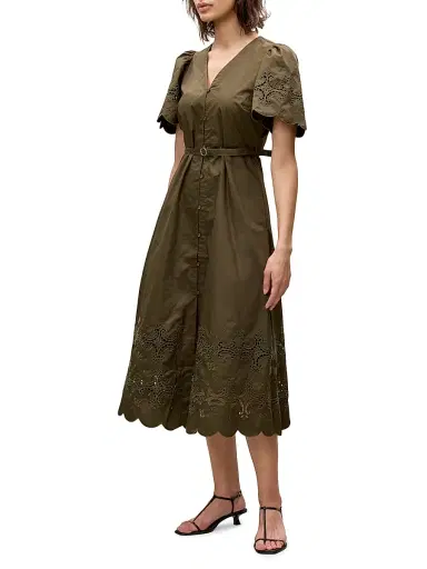 Rebecca Taylor Women's Raquel Embroidered Cotton Midi-Shirtdress - Olive | Thumbnail 4 Rebecca Taylor Women's Raquel Embroidered Cotton Midi-Shirtdress - Olive | Thumbnail 4