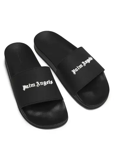 Palm Angels Men's Classic Logo Pool Slides - Black White Sandals | Thumbnail 4 Palm Angels Men's Classic Logo Pool Slides - Black White Sandals | Thumbnail 4