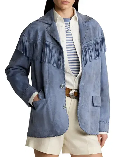 Ralph Lauren Collection Women's Rennie Suede Fringe-Trim Jacket - Cornflower | Thumbnail 3 Ralph Lauren Collection Women's Rennie Suede Fringe-Trim Jacket - Cornflower | Thumbnail 3