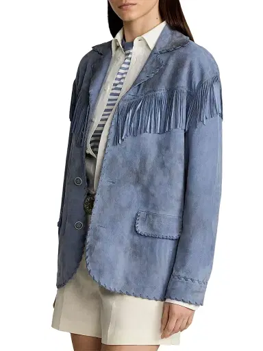 Ralph Lauren Collection Women's Rennie Suede Fringe-Trim Jacket - Cornflower | Thumbnail 4 Ralph Lauren Collection Women's Rennie Suede Fringe-Trim Jacket - Cornflower | Thumbnail 4