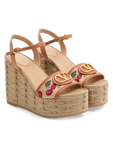 Valentino Garavani Women's VLogo Signature Cherryfic Pattern Wedge Sandals 120MM - Natural Red Multicolor | Thumbnail 2 Valentino Garavani Women's VLogo Signature Cherryfic Pattern Wedge Sandals 120MM - Natural Red Multicolor | Thumbnail 2