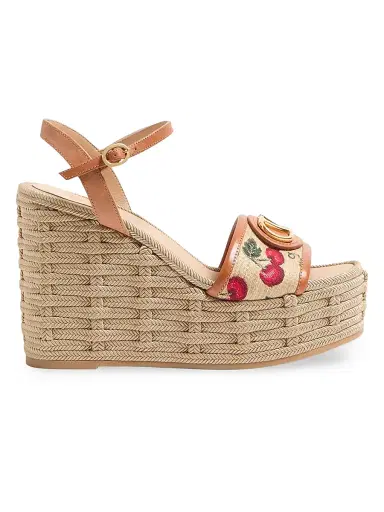 Valentino Garavani Women's VLogo Signature Cherryfic Pattern Wedge Sandals 120MM - Natural Red Multicolor | Thumbnail 1 Valentino Garavani Women's VLogo Signature Cherryfic Pattern Wedge Sandals 120MM - Natural Red Multicolor | Thumbnail 1