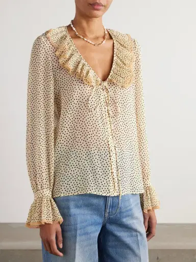 Valentino Garavani Lace-trimmed Ruffled Polka-dot Silk-chiffon Blouse | Thumbnail 3 Valentino Garavani Lace-trimmed Ruffled Polka-dot Silk-chiffon Blouse | Thumbnail 3