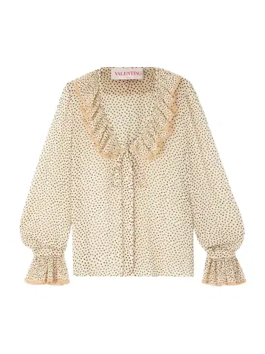 Valentino Garavani Lace-trimmed Ruffled Polka-dot Silk-chiffon Blouse | Thumbnail 1 Valentino Garavani Lace-trimmed Ruffled Polka-dot Silk-chiffon Blouse | Thumbnail 1