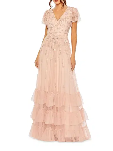 Mac Duggal Women's Ruffle-Tiered Embellished Wrap Gown - Blush | Thumbnail 1 Mac Duggal Women's Ruffle-Tiered Embellished Wrap Gown - Blush | Thumbnail 1