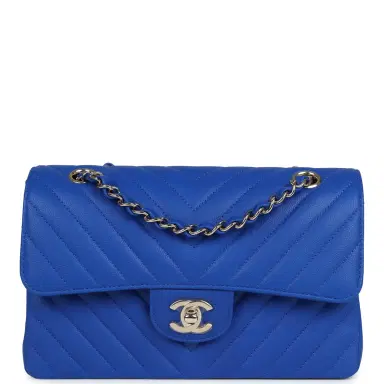 Chanel Chanel Small Classic Double Flap Blue Chevron Caviar Light Gold Hardware | Thumbnail 1 Chanel Chanel Small Classic Double Flap Blue Chevron Caviar Light Gold Hardware | Thumbnail 1