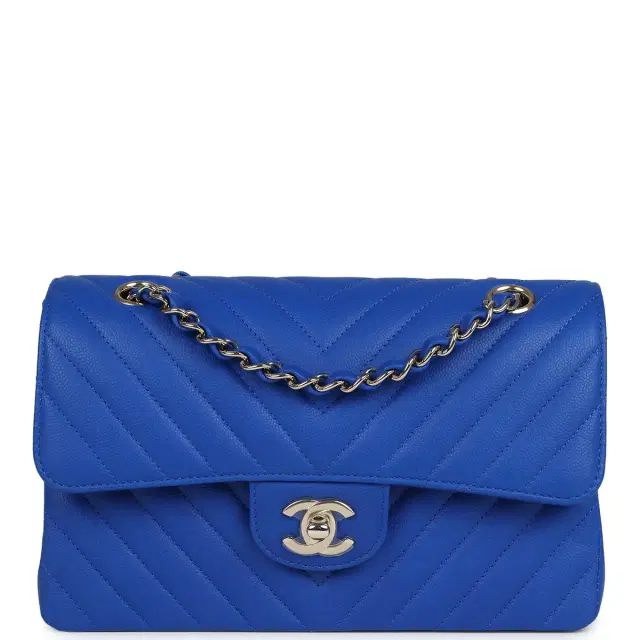 Chanel Small Classic Double Flap Blue Chevron Caviar Light Gold Hardware Chanel Small Classic Double Flap Blue Chevron Caviar Light Gold Hardware