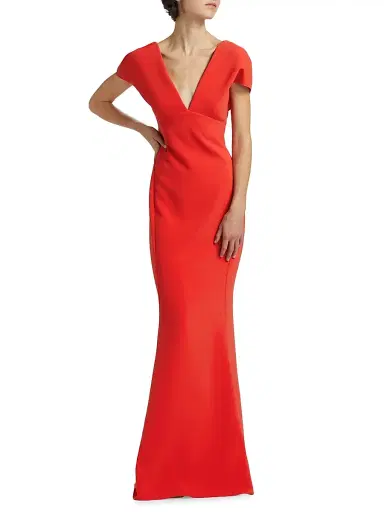 Amsale Women's Crêpe V-Neck Mermaid Gown - Persimmon | Thumbnail 2 Amsale Women's Crêpe V-Neck Mermaid Gown - Persimmon | Thumbnail 2