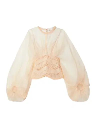 Zimmermann Illuminate Macramé And Tulle-trimmed Gathered Silk-organza Blouse | Thumbnail 1 Zimmermann Illuminate Macramé And Tulle-trimmed Gathered Silk-organza Blouse | Thumbnail 1