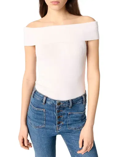Maje Women's Rib Knit Bardot-Neck Top - White | Thumbnail 2 Maje Women's Rib Knit Bardot-Neck Top - White | Thumbnail 2