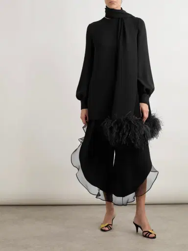 Valentino Garavani Feather-trimmed Scarf-detailed Silk Crepe De Chine Blouse | Thumbnail 2 Valentino Garavani Feather-trimmed Scarf-detailed Silk Crepe De Chine Blouse | Thumbnail 2