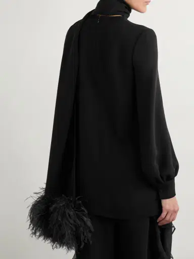 Valentino Garavani Feather-trimmed Scarf-detailed Silk Crepe De Chine Blouse | Thumbnail 3 Valentino Garavani Feather-trimmed Scarf-detailed Silk Crepe De Chine Blouse | Thumbnail 3