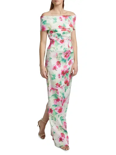 Teri Jon by Rickie Freeman Women's Floral Ruched Off-The-Shoulder Gown - White Multi - Size 12 | Thumbnail 4 Teri Jon by Rickie Freeman Women's Floral Ruched Off-The-Shoulder Gown - White Multi - Size 12 | Thumbnail 4