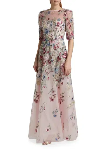 Teri Jon by Rickie Freeman Women's Floral-Embroidered Tulle A-Line Gown - Blush Multi | Thumbnail 2 Teri Jon by Rickie Freeman Women's Floral-Embroidered Tulle A-Line Gown - Blush Multi | Thumbnail 2