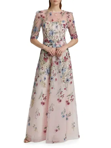 Teri Jon by Rickie Freeman Women's Floral-Embroidered Tulle A-Line Gown - Blush Multi | Thumbnail 3 Teri Jon by Rickie Freeman Women's Floral-Embroidered Tulle A-Line Gown - Blush Multi | Thumbnail 3