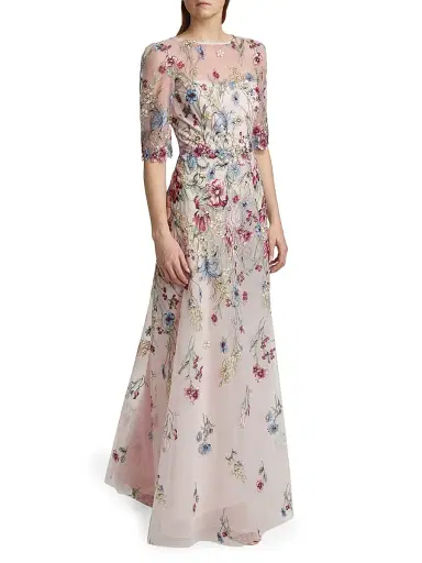 Teri Jon by Rickie Freeman Women's Floral-Embroidered Tulle A-Line Gown - Blush Multi | Thumbnail 4 Teri Jon by Rickie Freeman Women's Floral-Embroidered Tulle A-Line Gown - Blush Multi | Thumbnail 4