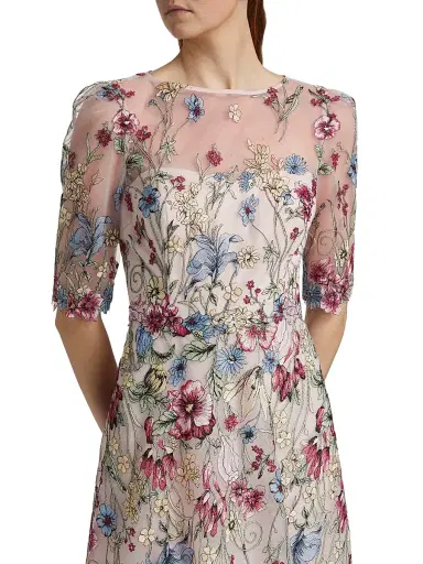 Teri Jon by Rickie Freeman Women's Floral-Embroidered Tulle A-Line Gown - Blush Multi | Thumbnail 6 Teri Jon by Rickie Freeman Women's Floral-Embroidered Tulle A-Line Gown - Blush Multi | Thumbnail 6