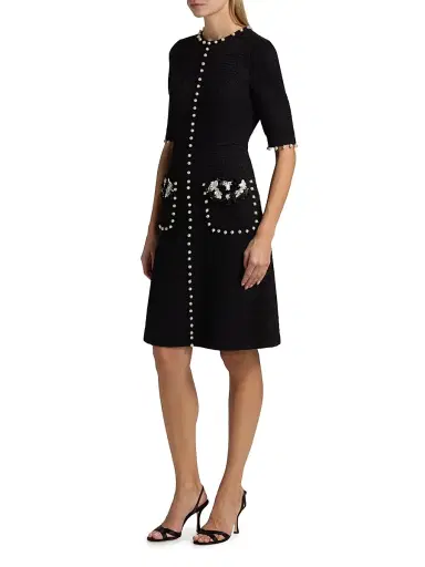 Teri Jon by Rickie Freeman Women's Imitation Pearl-Trimmed Bouclé Cocktail Dress - Black White | Thumbnail 4 Teri Jon by Rickie Freeman Women's Imitation Pearl-Trimmed Bouclé Cocktail Dress - Black White | Thumbnail 4