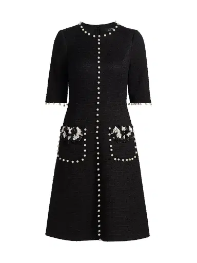 Teri Jon by Rickie Freeman Women's Imitation Pearl-Trimmed Bouclé Cocktail Dress - Black White | Thumbnail 1 Teri Jon by Rickie Freeman Women's Imitation Pearl-Trimmed Bouclé Cocktail Dress - Black White | Thumbnail 1