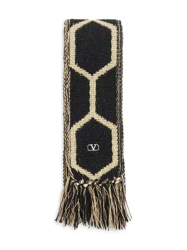 Valentino Garavani Men's Antibes Cotton Scarf with Fringe - Black Beige | Thumbnail 6 Valentino Garavani Men's Antibes Cotton Scarf with Fringe - Black Beige | Thumbnail 6