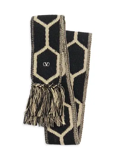 Valentino Garavani Men's Antibes Cotton Scarf with Fringe - Black Beige | Thumbnail 1 Valentino Garavani Men's Antibes Cotton Scarf with Fringe - Black Beige | Thumbnail 1