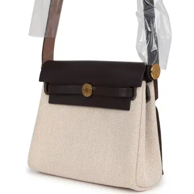 HERMÈS Hermes Herbag Zip 20 Mini Ecru and Beige Toile H Canvas and Ebene Vache Hunter Gold Hardware | Thumbnail 3 HERMÈS Hermes Herbag Zip 20 Mini Ecru and Beige Toile H Canvas and Ebene Vache Hunter Gold Hardware | Thumbnail 3