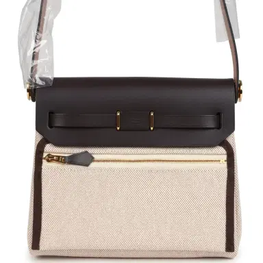 HERMÈS Hermes Herbag Zip 20 Mini Ecru and Beige Toile H Canvas and Ebene Vache Hunter Gold Hardware | Thumbnail 5 HERMÈS Hermes Herbag Zip 20 Mini Ecru and Beige Toile H Canvas and Ebene Vache Hunter Gold Hardware | Thumbnail 5