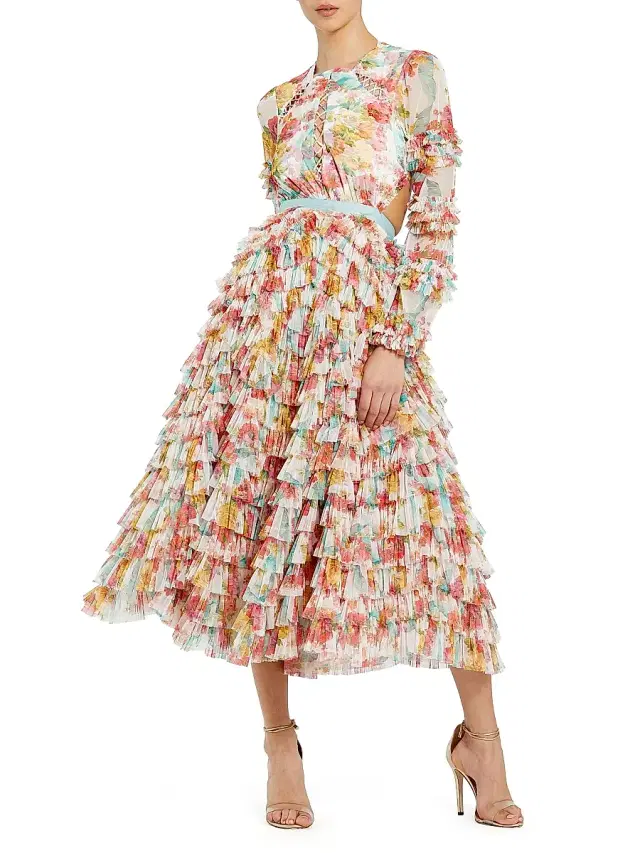 Women's Cocktail Floral Mesh Ruffled Cut-Out Midi-Dress - White Multi Women's Cocktail Floral Mesh Ruffled Cut-Out Midi-Dress - White Multi
