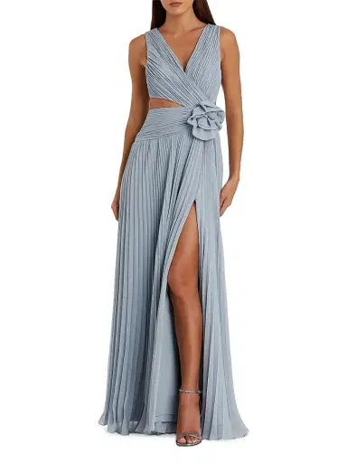 Mac Duggal Women's Ieena Rosette Pleated Chiffon V-Neck Gown - Slate Blue - Size 12 | Thumbnail 1 Mac Duggal Women's Ieena Rosette Pleated Chiffon V-Neck Gown - Slate Blue - Size 12 | Thumbnail 1