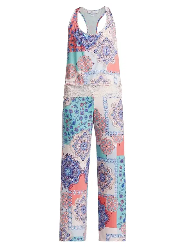 Women's Talia Lace-Trimmed Paisley Patchwork Pajamas - Peach Women's Talia Lace-Trimmed Paisley Patchwork Pajamas - Peach