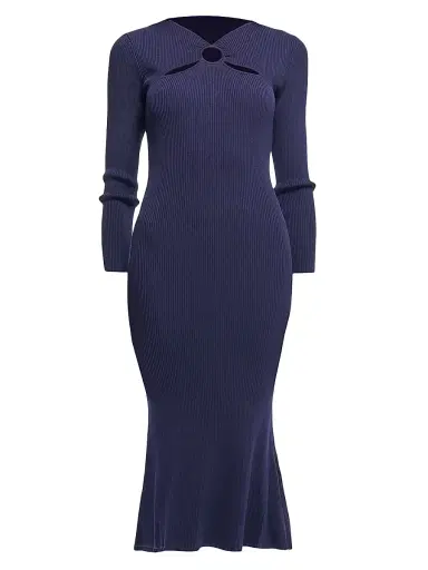 Shoshanna Women's Aston Rib-Knit Cut-Out Crewneck Midi-Dress - Navy | Thumbnail 1 Shoshanna Women's Aston Rib-Knit Cut-Out Crewneck Midi-Dress - Navy | Thumbnail 1