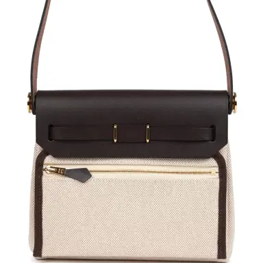 HERMÈS Hermes Herbag Zip 20 Mini Ecru and Beige Toile H Canvas and Ebene Vache Hunter Gold Hardware | Thumbnail 4 HERMÈS Hermes Herbag Zip 20 Mini Ecru and Beige Toile H Canvas and Ebene Vache Hunter Gold Hardware | Thumbnail 4
