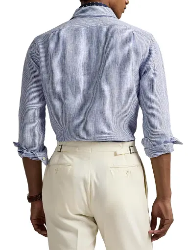 Polo Ralph Lauren Men's Classic Fit Striped Linen Shirt - Royal Blue White | Thumbnail 4 Polo Ralph Lauren Men's Classic Fit Striped Linen Shirt - Royal Blue White | Thumbnail 4