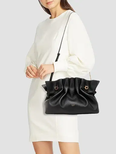Ferragamo Women's Medium Gancio Piercing Gathered Leather Shoulder Bag - Nero | Thumbnail 2 Ferragamo Women's Medium Gancio Piercing Gathered Leather Shoulder Bag - Nero | Thumbnail 2