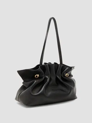 Ferragamo Women's Medium Gancio Piercing Gathered Leather Shoulder Bag - Nero | Thumbnail 4 Ferragamo Women's Medium Gancio Piercing Gathered Leather Shoulder Bag - Nero | Thumbnail 4