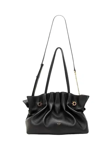 Ferragamo Women's Medium Gancio Piercing Gathered Leather Shoulder Bag - Nero | Thumbnail 1 Ferragamo Women's Medium Gancio Piercing Gathered Leather Shoulder Bag - Nero | Thumbnail 1