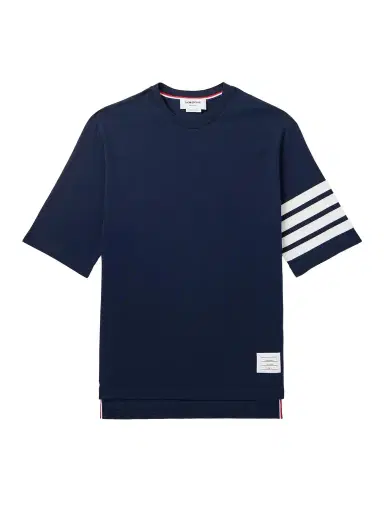 Thom Browne Logo-Appliquéd Striped Cotton-Jersey T-Shirt - Men | Thumbnail 1 Thom Browne Logo-Appliquéd Striped Cotton-Jersey T-Shirt - Men | Thumbnail 1
