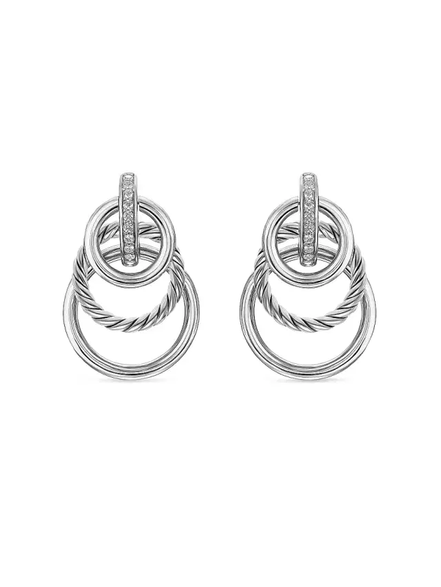 Women's DY Mercer Triple Ring Drop Earrings in Sterling Silver with Diamonds, 35.6MM - Silver Women's DY Mercer Triple Ring Drop Earrings in Sterling Silver with Diamonds, 35.6MM - Silver