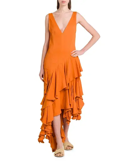 Bottega Veneta Women's Ruffled Asymmetric Midi-Dress - Apricot | Thumbnail 2 Bottega Veneta Women's Ruffled Asymmetric Midi-Dress - Apricot | Thumbnail 2
