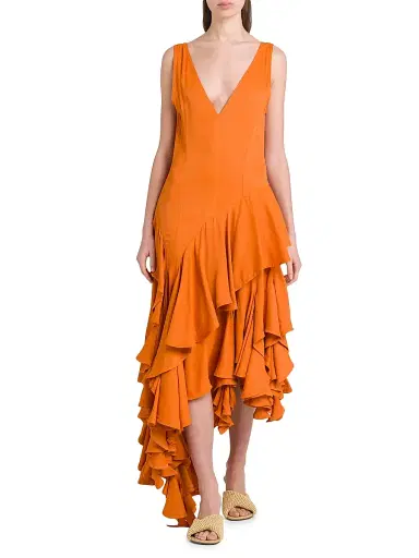 Bottega Veneta Women's Ruffled Asymmetric Midi-Dress - Apricot | Thumbnail 3 Bottega Veneta Women's Ruffled Asymmetric Midi-Dress - Apricot | Thumbnail 3