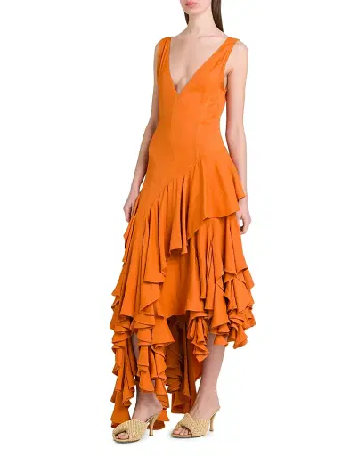 Bottega Veneta Women's Ruffled Asymmetric Midi-Dress - Apricot | Thumbnail 4 Bottega Veneta Women's Ruffled Asymmetric Midi-Dress - Apricot | Thumbnail 4