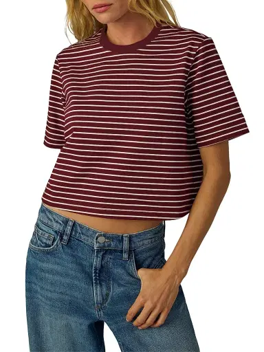 Joe's Jeans Women's The Boxy Striped Cotton Crewneck T-Shirt - Bordeaux Breton Stripe | Thumbnail 6 Joe's Jeans Women's The Boxy Striped Cotton Crewneck T-Shirt - Bordeaux Breton Stripe | Thumbnail 6