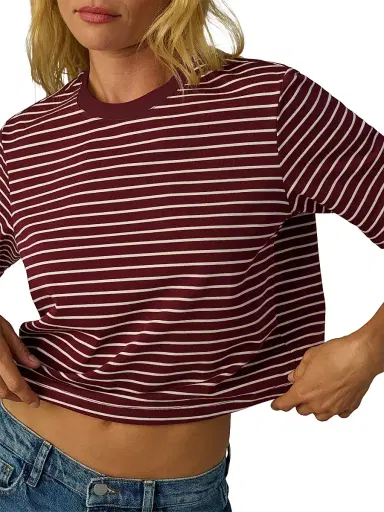 Joe's Jeans Women's The Boxy Striped Cotton Crewneck T-Shirt - Bordeaux Breton Stripe | Thumbnail 7 Joe's Jeans Women's The Boxy Striped Cotton Crewneck T-Shirt - Bordeaux Breton Stripe | Thumbnail 7